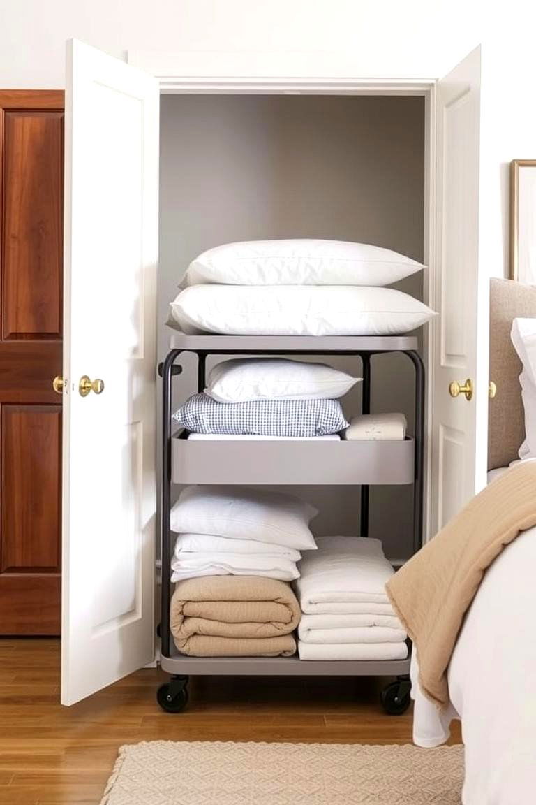 Utilize a Rolling Cart for Easy Access - 24 Bedding Storage Ideas
