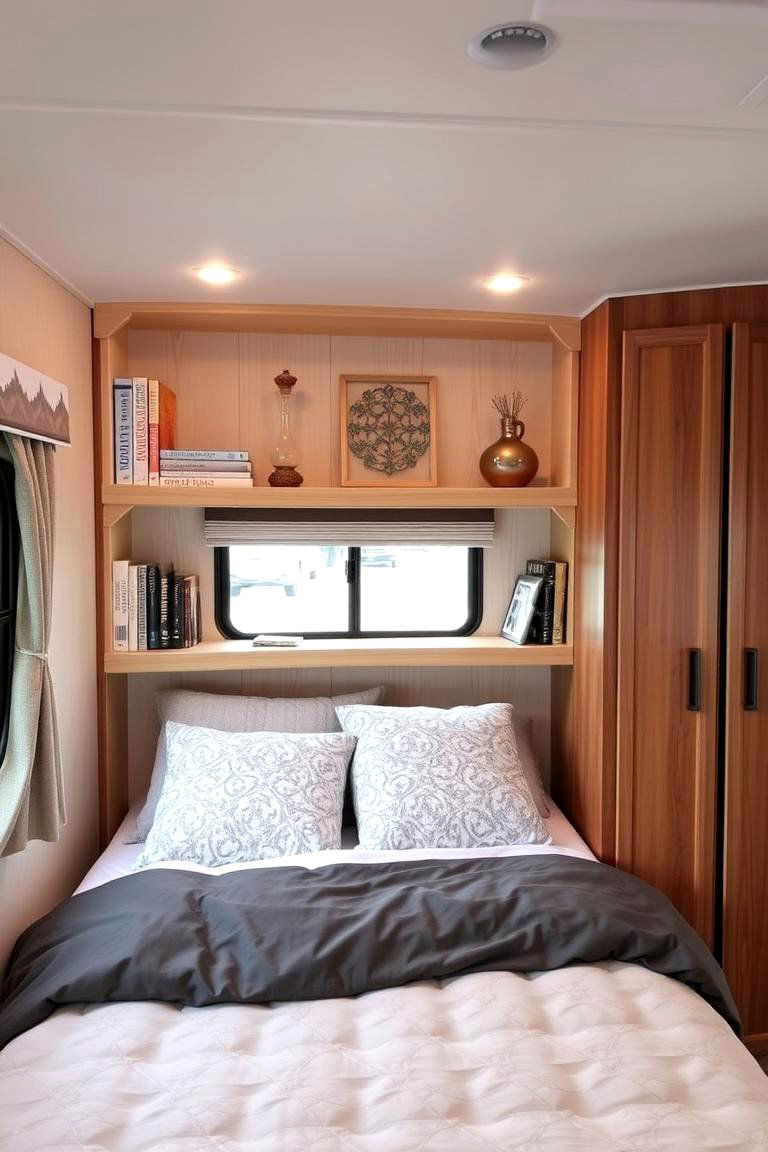 Utilizing Corner Spaces with Custom Shelving - 24 Rv Bedroom Ideas