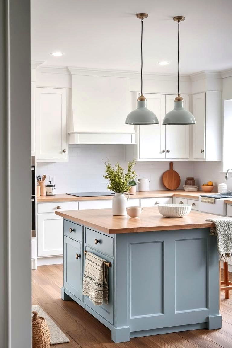 Utilizing Open Shelving for Display - 24 White Kitchen Cabinets With Blue Island