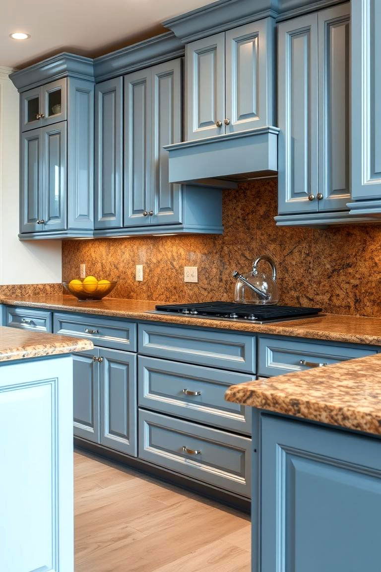Value for Money with Superior Craftsmanship - 24 blue kitchen cabinets with brown granite countertops