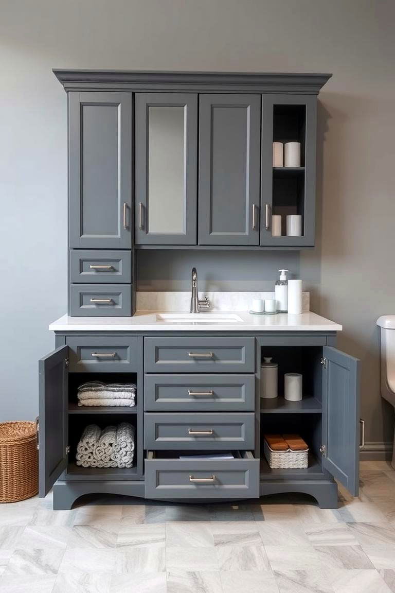 Vanity with Drawers and Cabinets - 24 Shower Storage Ideas