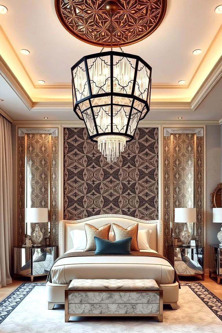 Velvet Curtains with Geometric Design - 24 Art Deco Bedroom Ideas