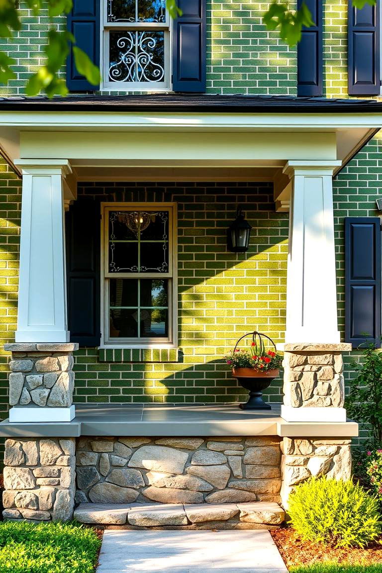 Verdant Blend with Natural Stone Accents - 24 Green Brick Exterior Home Ideas