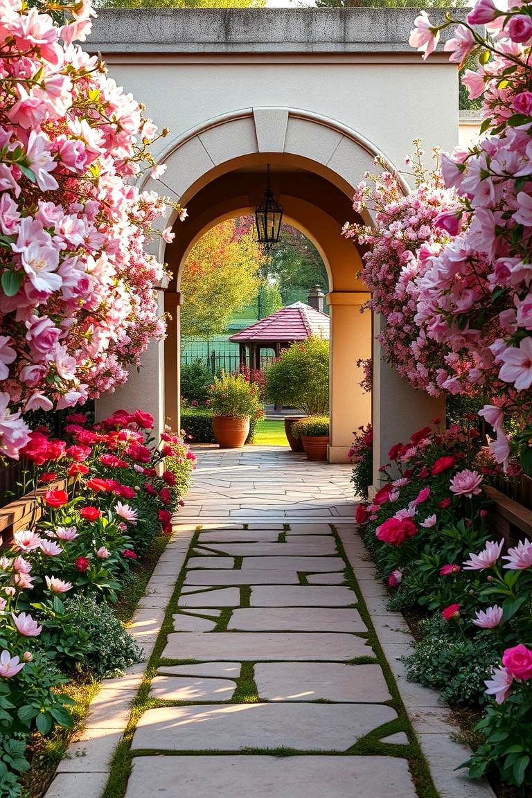 Verdant Flower Lined Pathway Entrance - 24 Cottagecore House Exterior Ideas