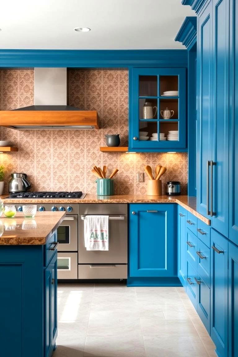 Versatile Use for Various Kitchen Styles - 24 blue kitchen cabinets with brown granite countertops