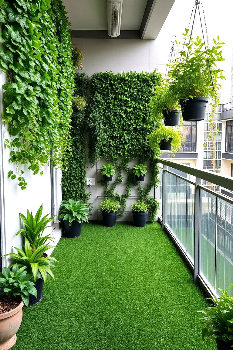 Vertical Garden with Grass Flooring - 24 Artificial Grass Balcony Design