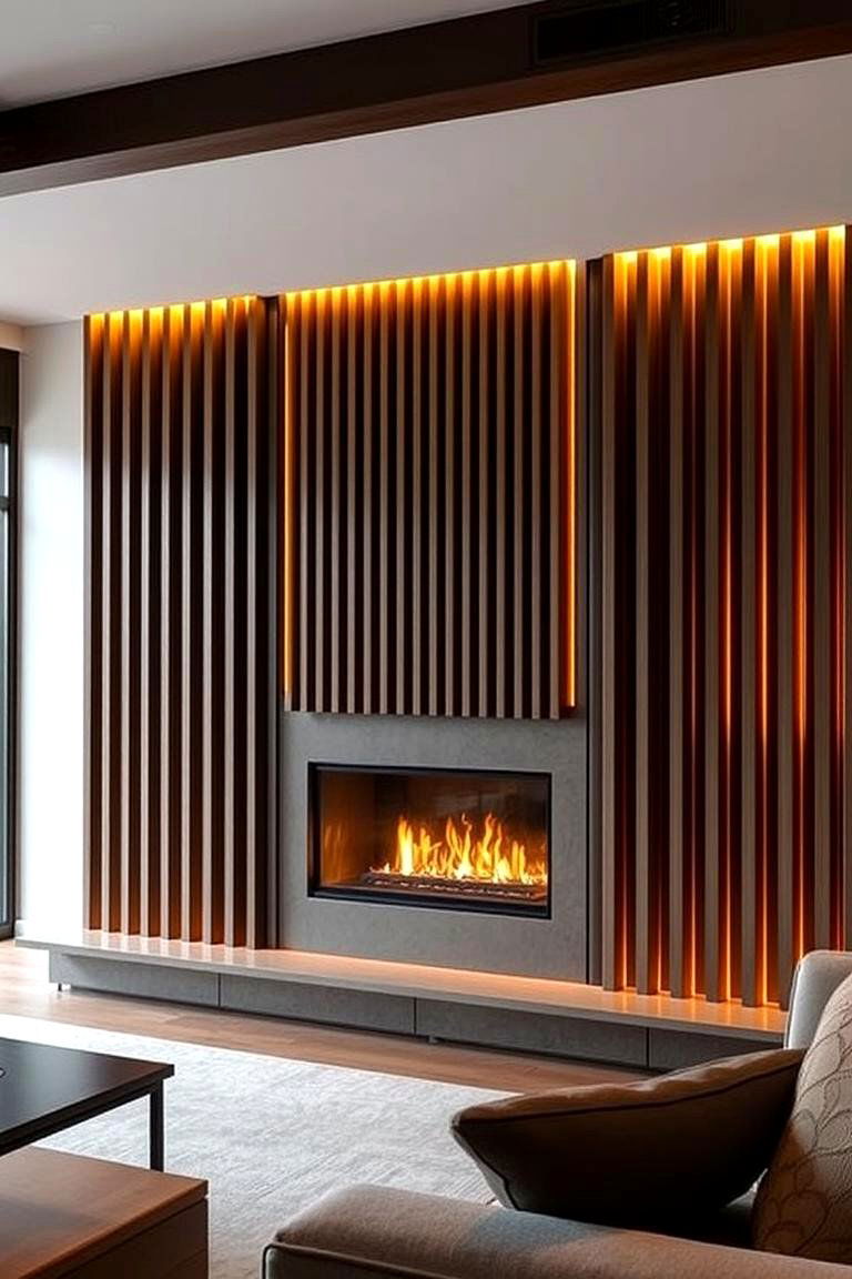 Vertical Slats with Integrated Lighting - 24 Fireplace Wall Ideas