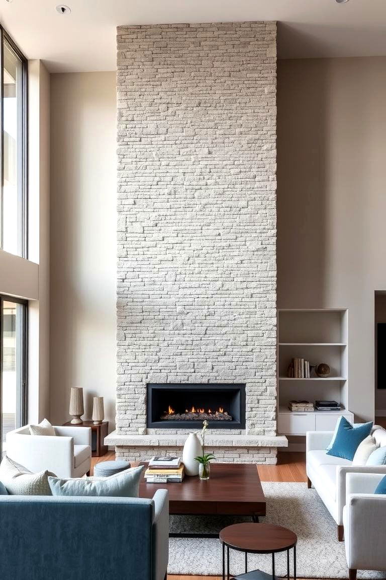 Vertical Stacked Stone Fireplace - 24 Floor-to-Ceiling Stone Fireplace Ideas