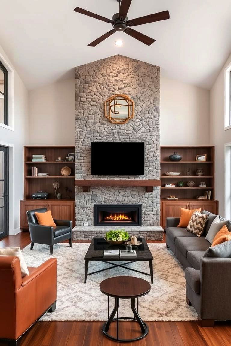 Vertical Stacked Stones - 24 Floor to Ceiling Stone Fireplace Ideas