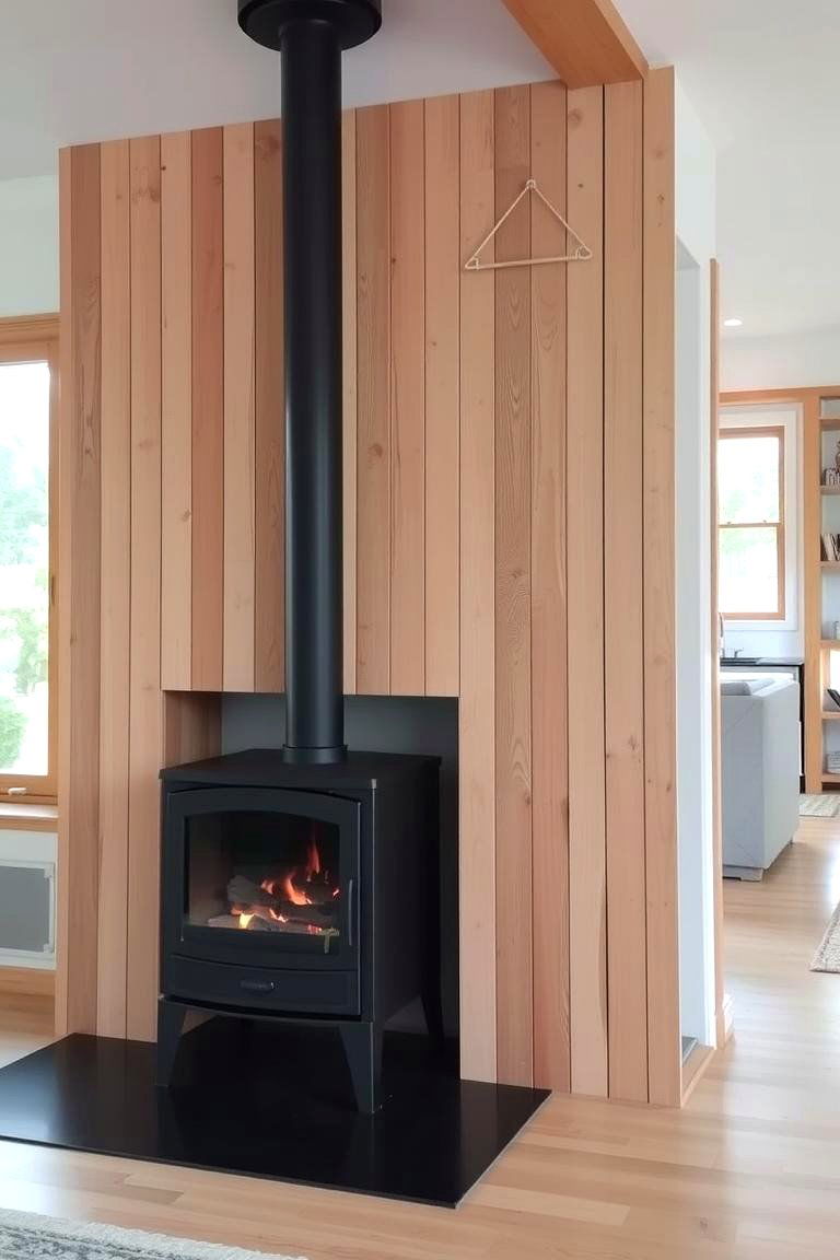 Vertical Wood Plank Design - 24 Wood Stove Surround Ideas