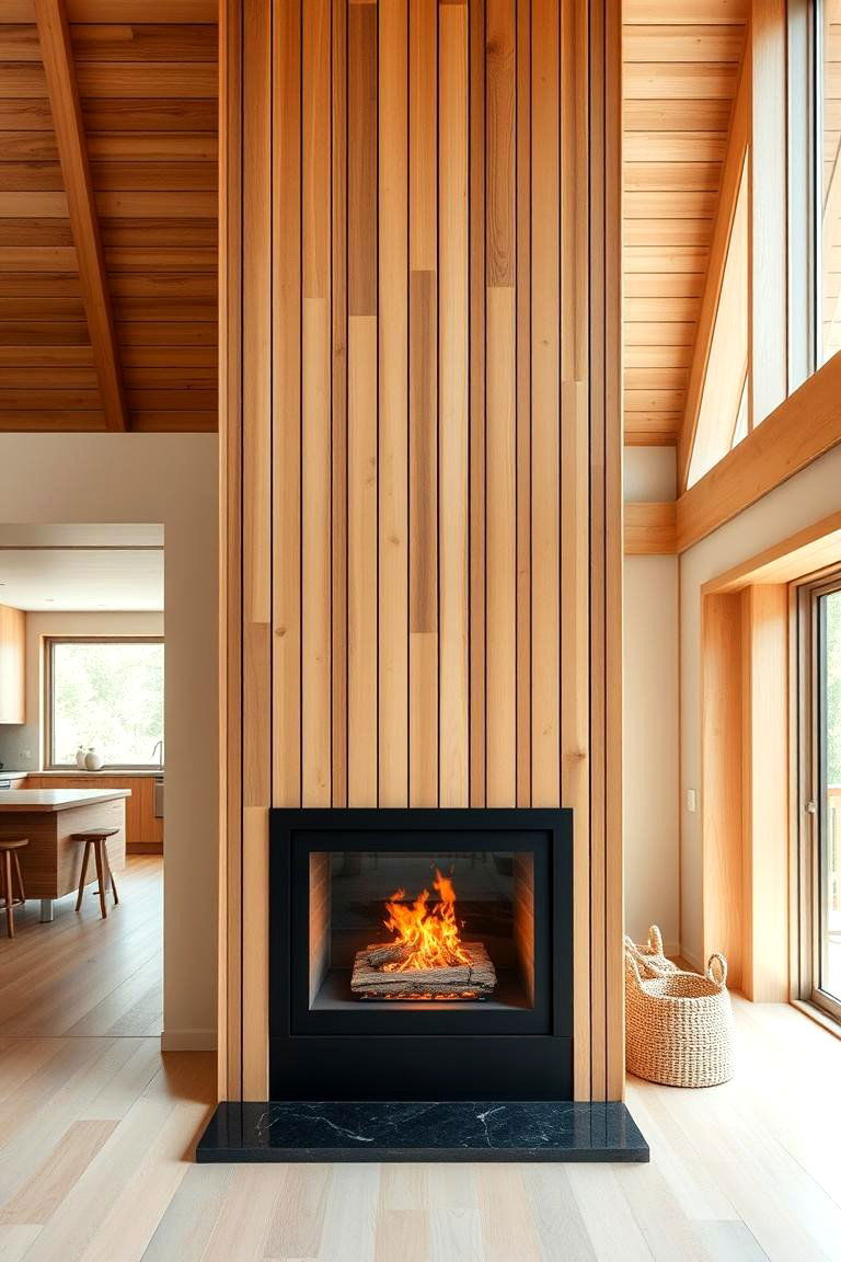 Vertical Wood Slat Fireplace - 24 Floor to Ceiling Fireplace Ideas