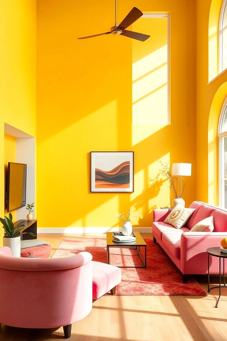 Vibrant Accent Walls and Stylish Furniture - 24 How to Decorate With Yellow and Pink