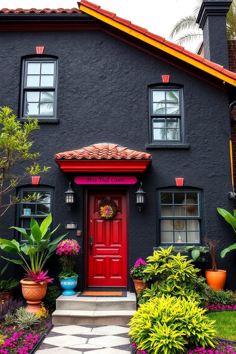 Vibrant Accents on Black Stucco - 24 Black Stucco House Ideas