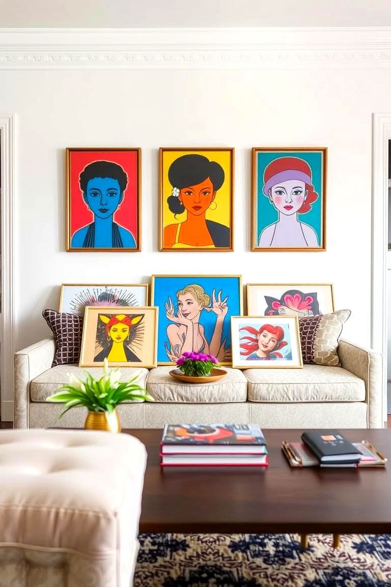 Vibrant Art Display - 24 Sofa Table Decor Ideas