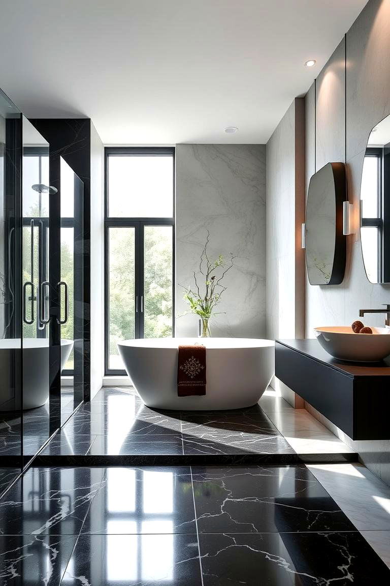 Vibrant Black Accent Elements - 24 Black Floor Bathroom Ideas