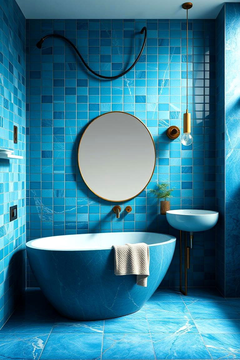 Vibrant Blue Ceramics with Subtle Gold Highlights - 24 Blue and Gold Bathroom Ideas