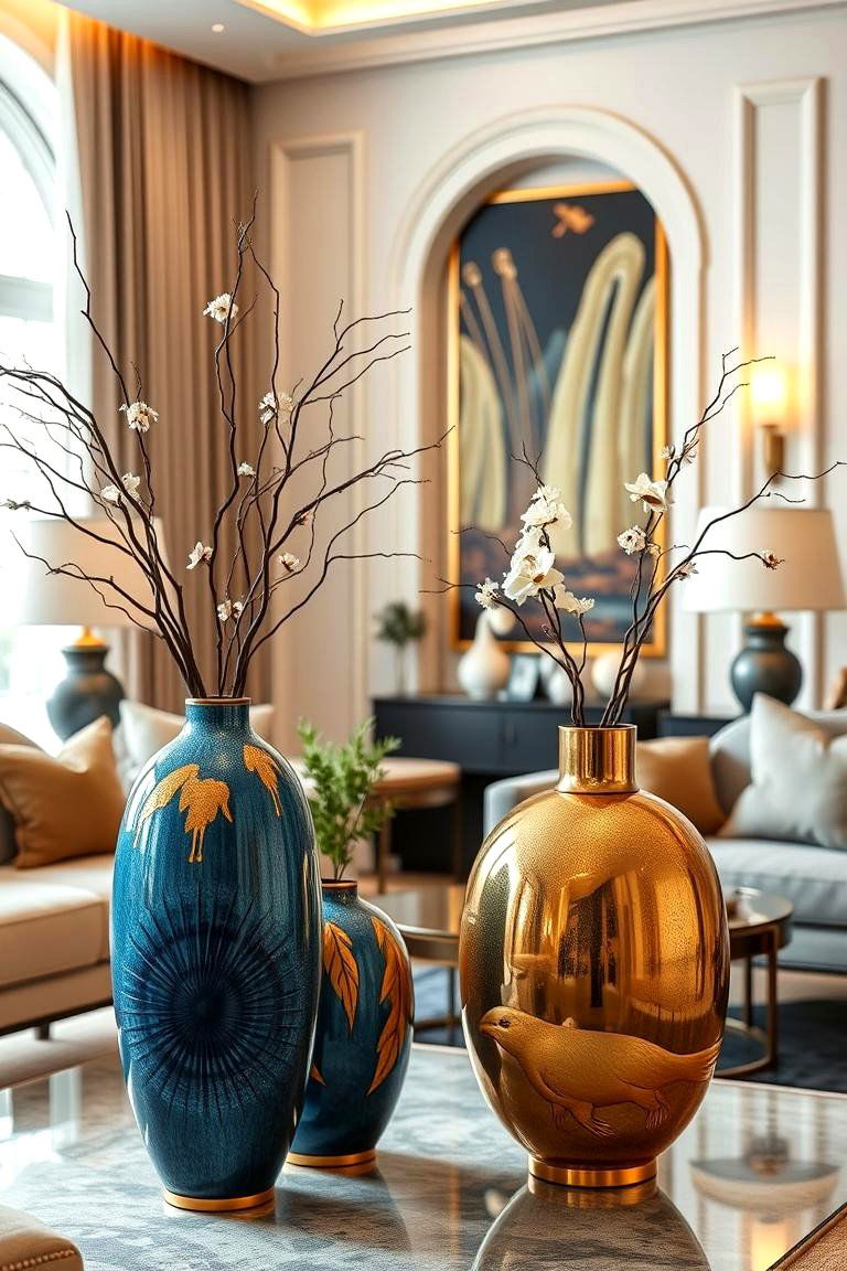 Vibrant Blue and Gold Decorative Vases - 24 Blue and Gold Living Room Ideas
