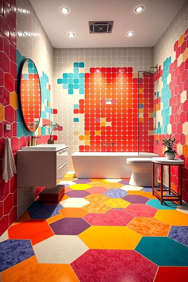 Vibrant Bold Color Schemes - 24 Bathrooms With Hexagon Tile Floors
