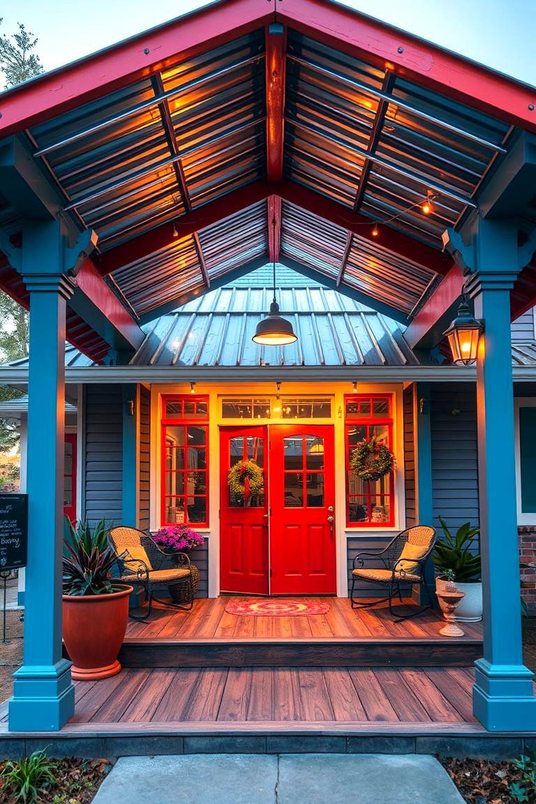 Vibrant Color Accents - 24 Metal Roof Porch Design Ideas