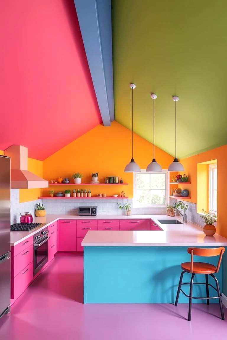 Vibrant Color Accents on Sloped Ceilings - 24 Sloped Ceiling Kitchen Ideas