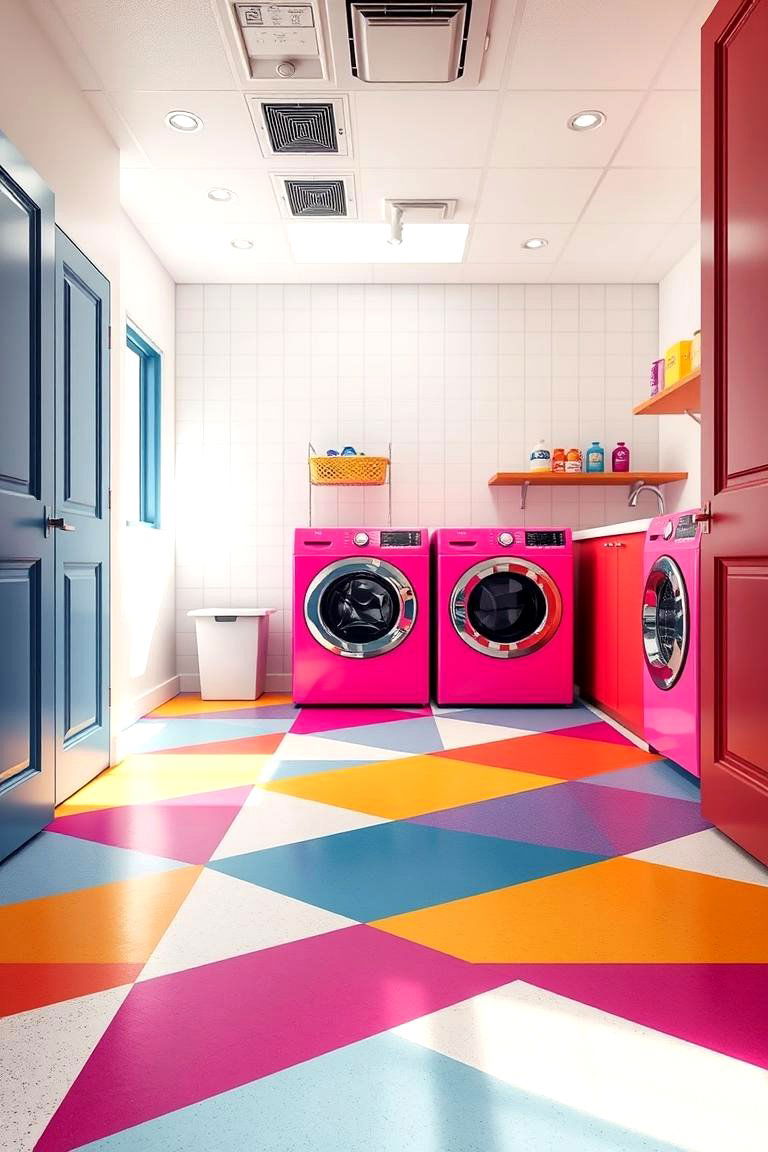 Vibrant Color Blocking - 24 Laundry Room Floor Ideas