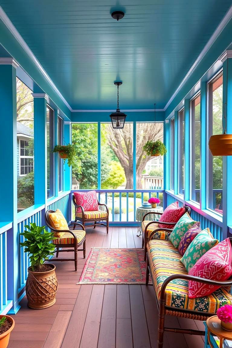 Vibrant Color Pop Porch - 24 Screened-in Porch Ideas