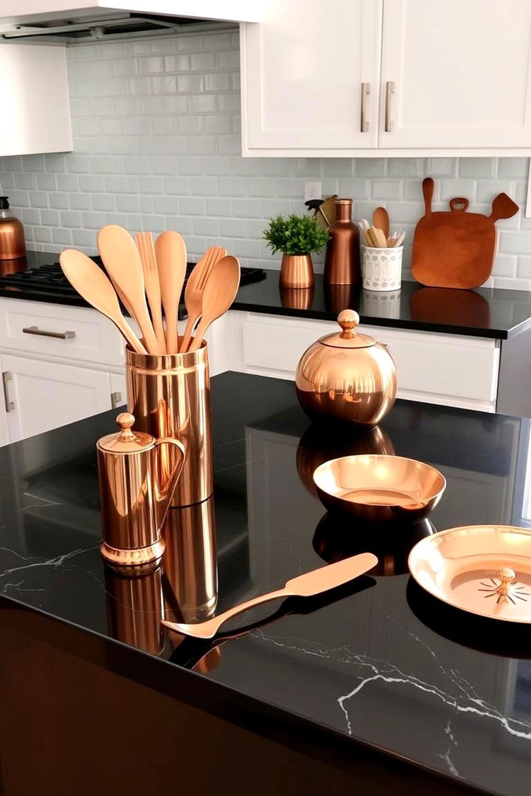 Vibrant Copper Accented Kitchen Accessories on Black Surfaces - 24 black and copper kitchen ideas