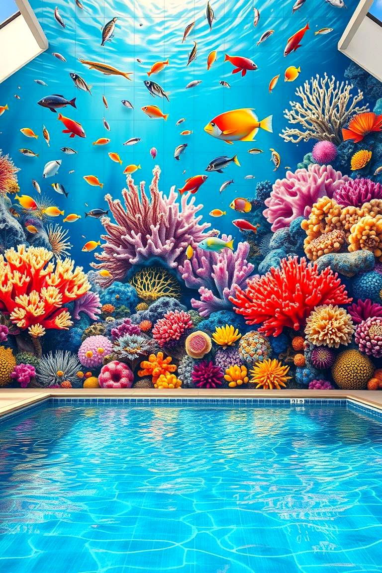 Vibrant Coral Reef Pool Mural - 24 Pool Murals