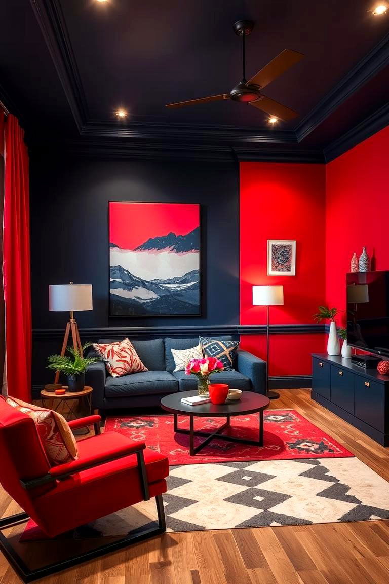 Vibrant Duo Red and Navy - 24 Bedroom Painting Ideas With Two Colors