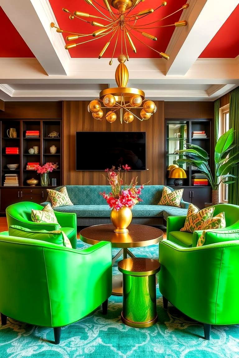 Vibrant Energy with Green Accent Chairs and Gold Fixtures - 24 Green and Gold Living Room Ideas
