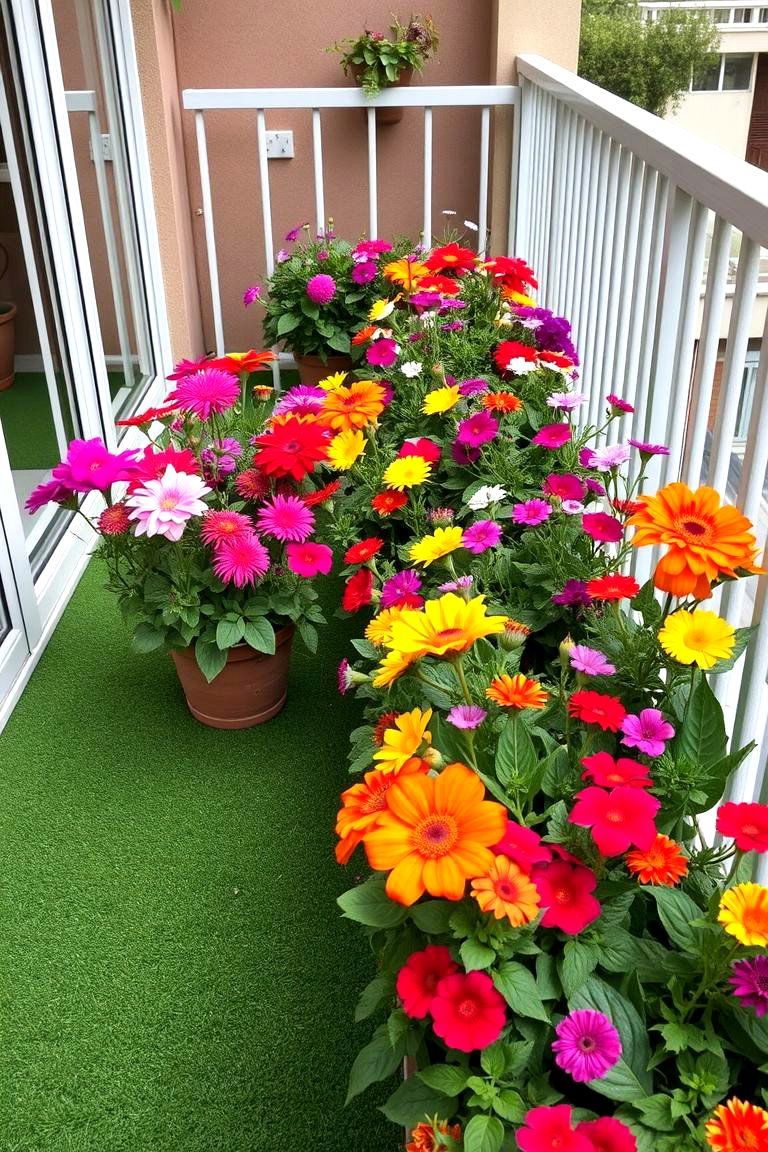 Vibrant Floral Design with Grass - 24 Artificial Grass Balcony Design