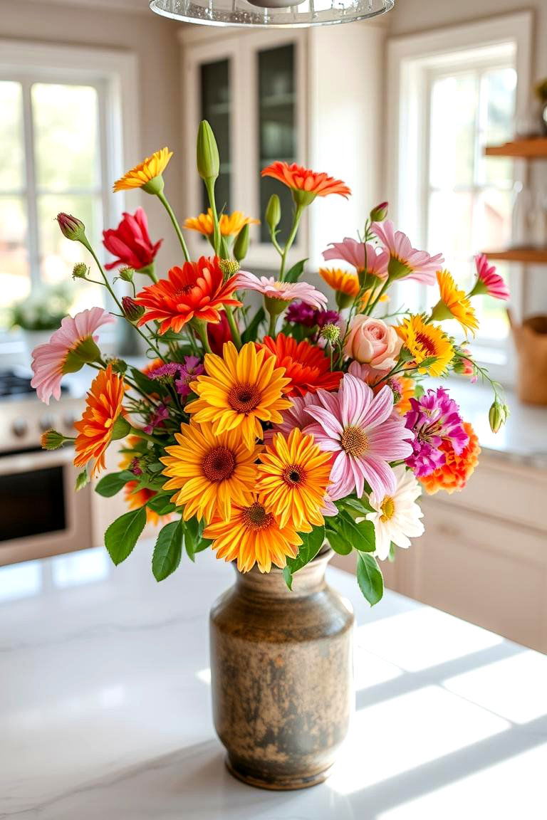 Vibrant Fresh Flower Arrangement - 24 Kitchen Island Centerpiece Ideas