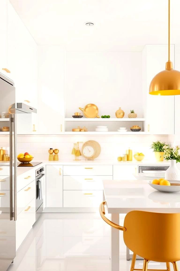 Vibrant Gold Accessories on Sleek White Walls - 24 black white and gold kitchen ideas
