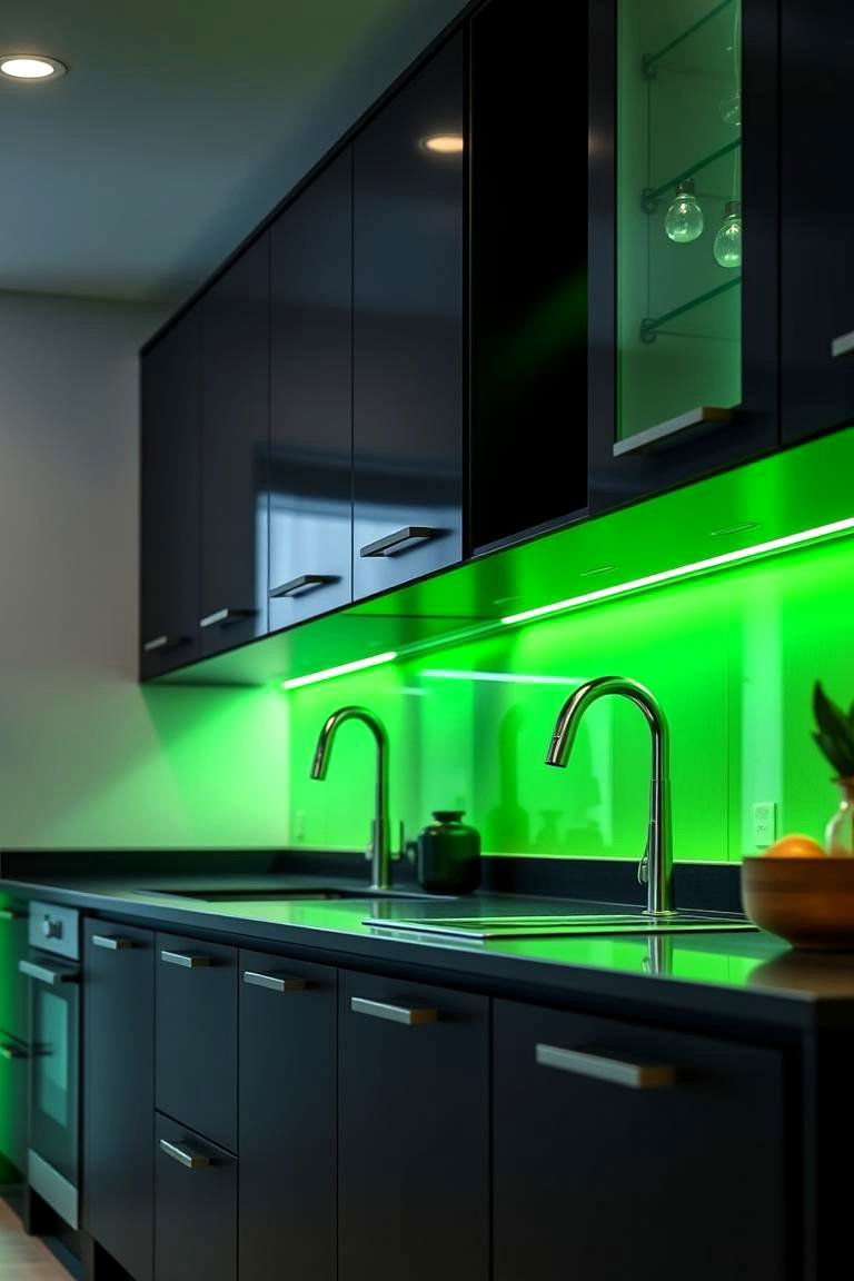 Vibrant Green Under Cabinet Lighting on Black Cabinets - 24 Black and Green Kitchen Ideas