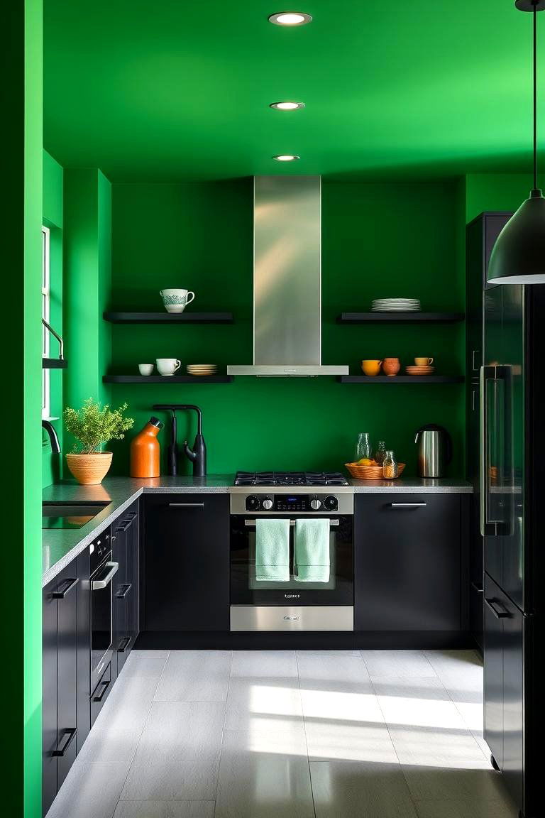 Vibrant Green Walls with Black Accents - 24 Black and Green Kitchen Ideas