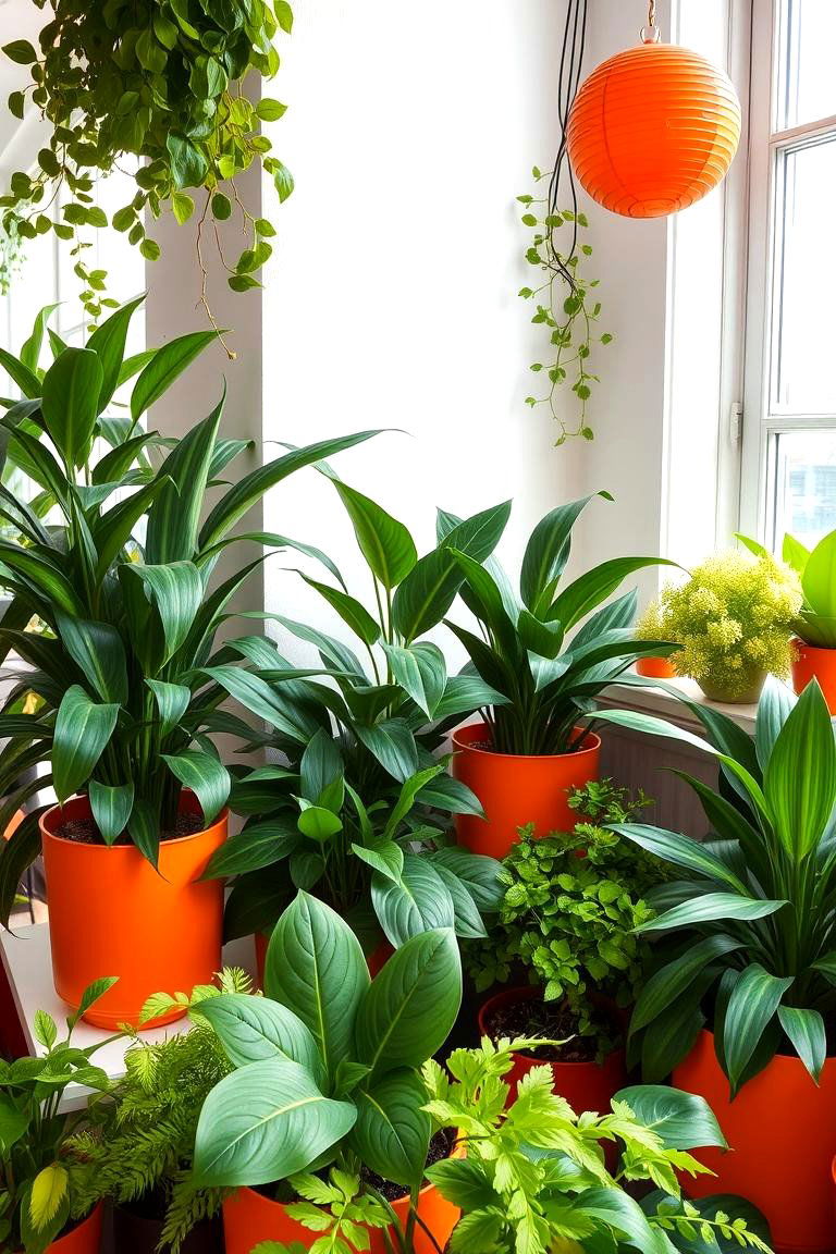 Vibrant Indoor Plant Arrangement - 24 Green and Orange Living Room Ideas