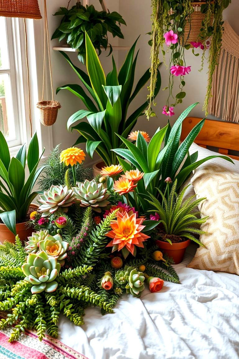 Vibrant Indoor Plant Arrangements - 24 Green Boho Bedroom Ideas
