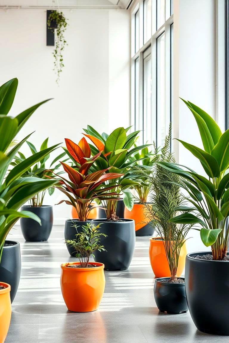 Vibrant Indoor Plants in Black and Orange Planters - 24 Black and Orange Living Room Ideas