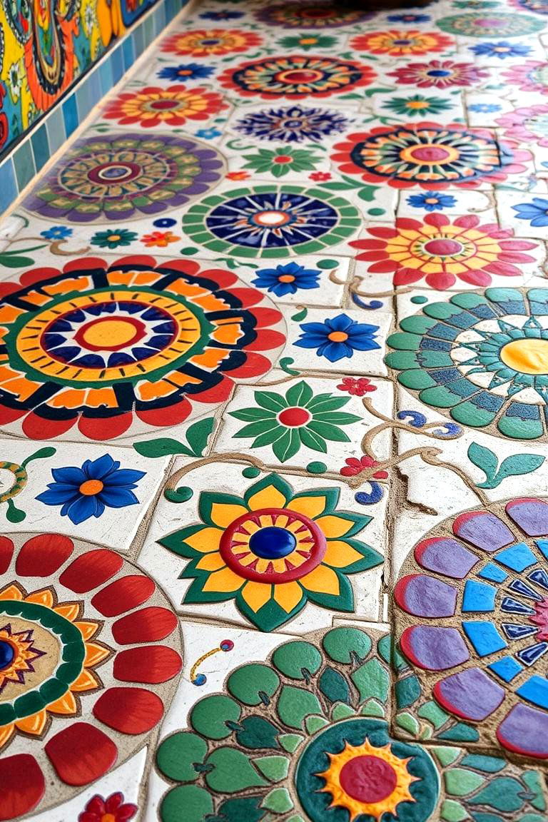 Vibrant Mexican Mosaic Floor - 24 Mexican Outdoor Kitchen Ideas