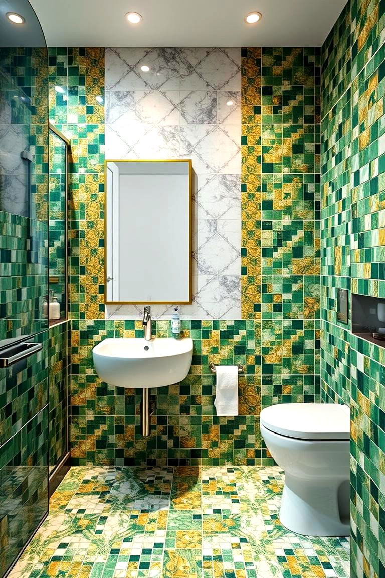 Vibrant Mosaic Patterns in Green and Gold - 24 Green and Gold Bathroom Ideas