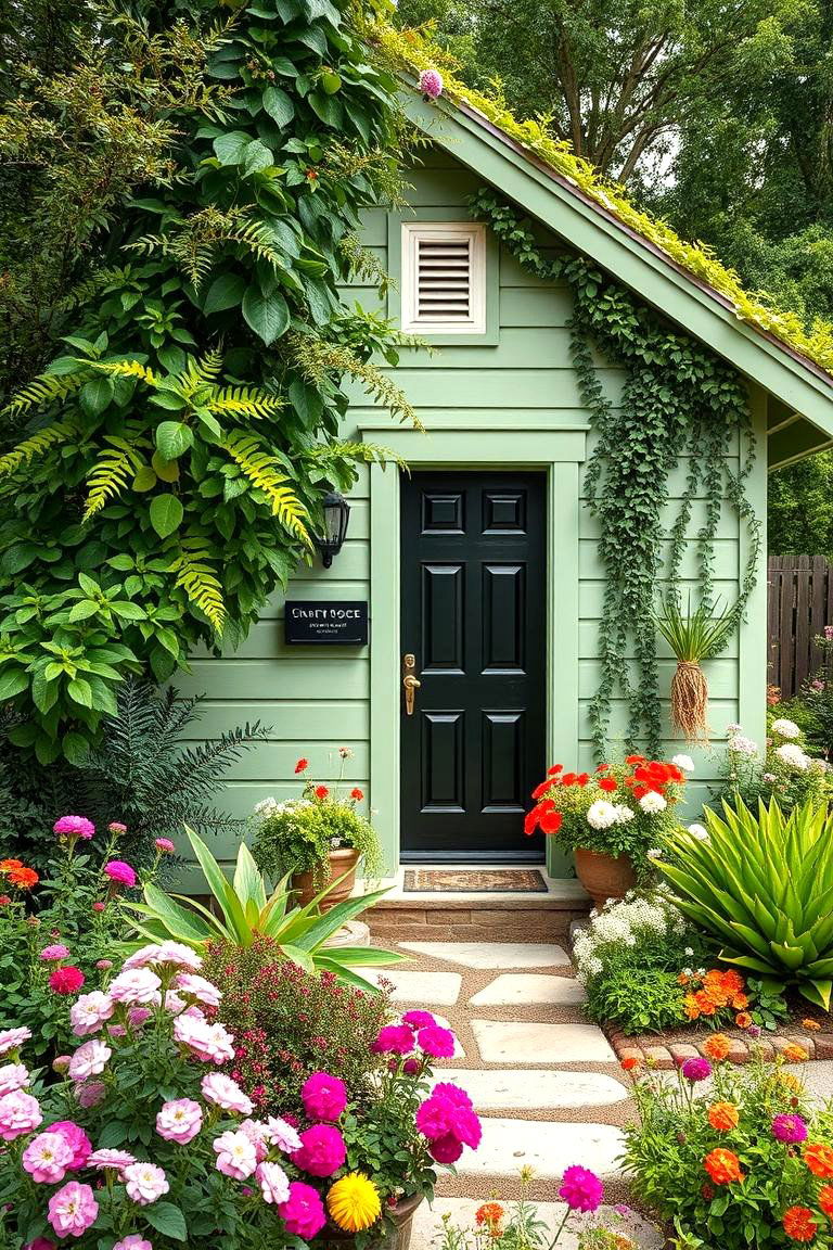Vibrant Natural Surroundings - 24 Sage Green House With Black Door