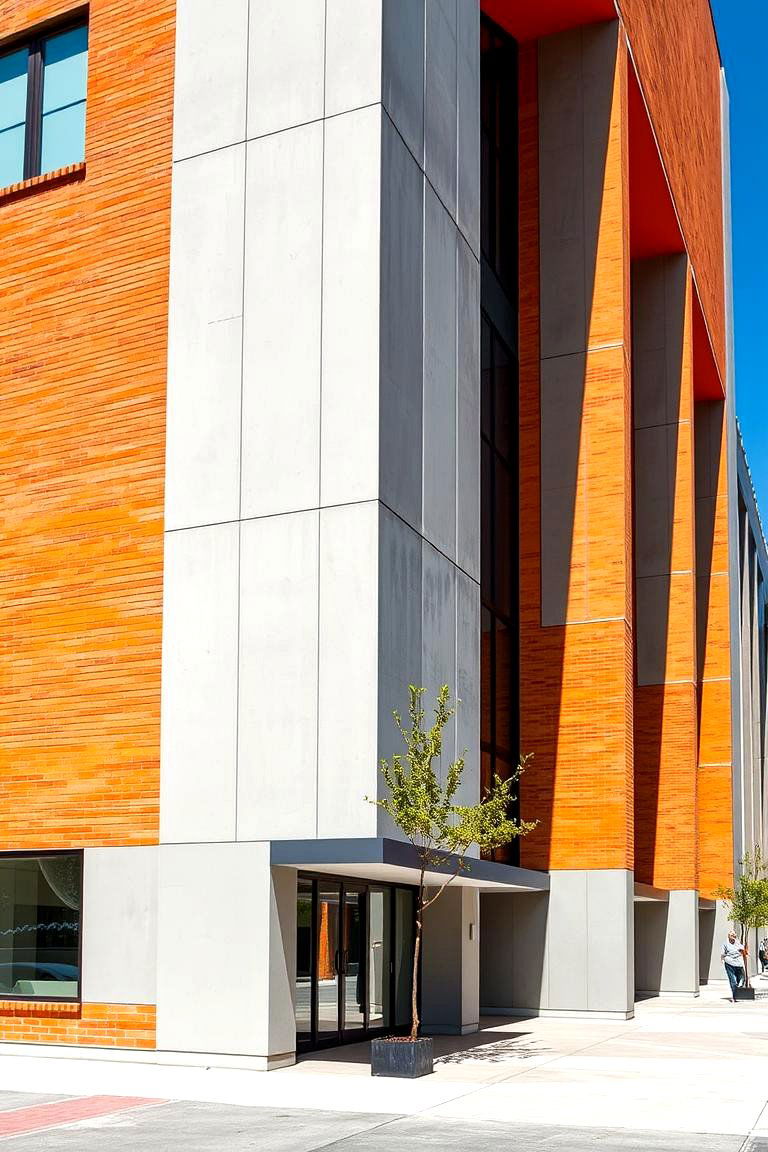 Vibrant Orange Brick with Light Gray Panels - 24 Exterior Brick and Paint Color Combinations