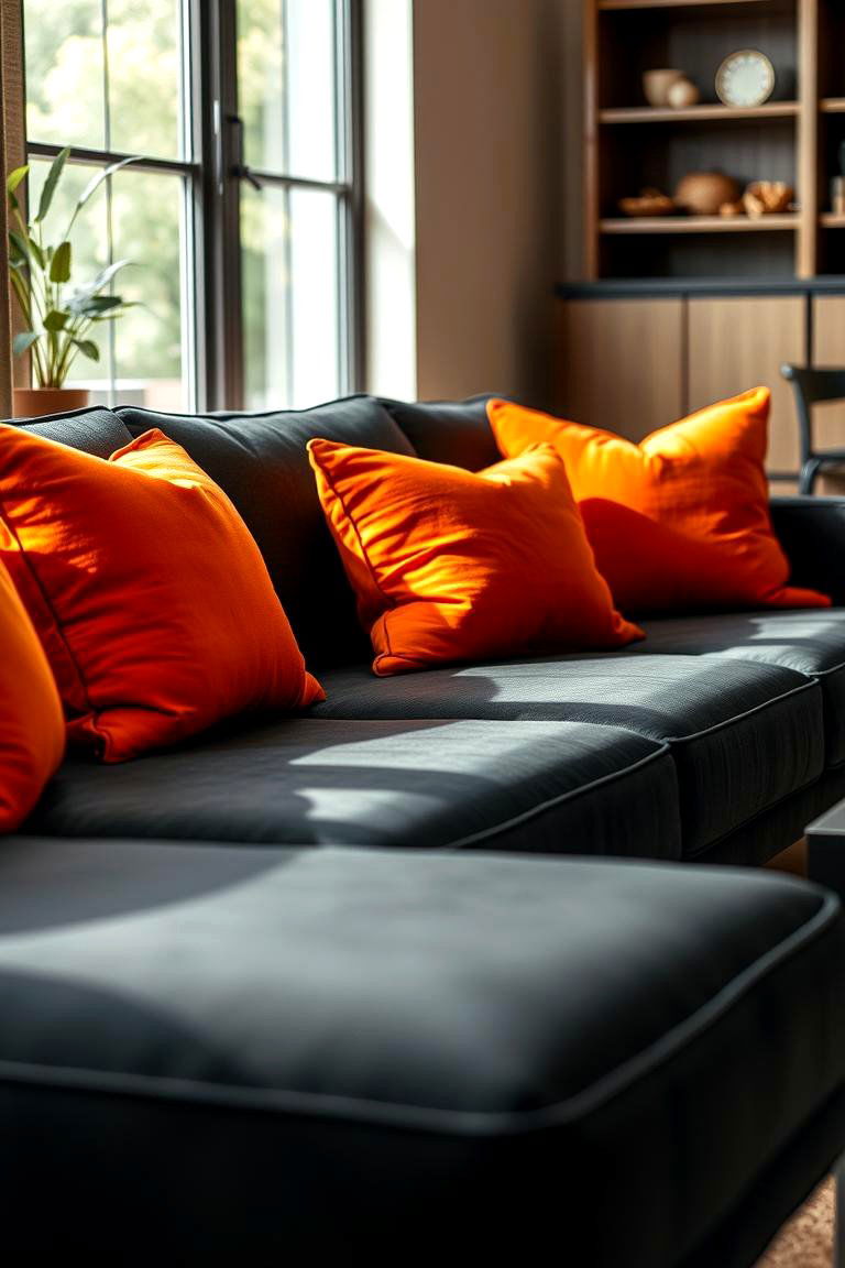 Vibrant Orange Throw Pillows on a Black Sofa - 24 Black and Orange Living Room Ideas