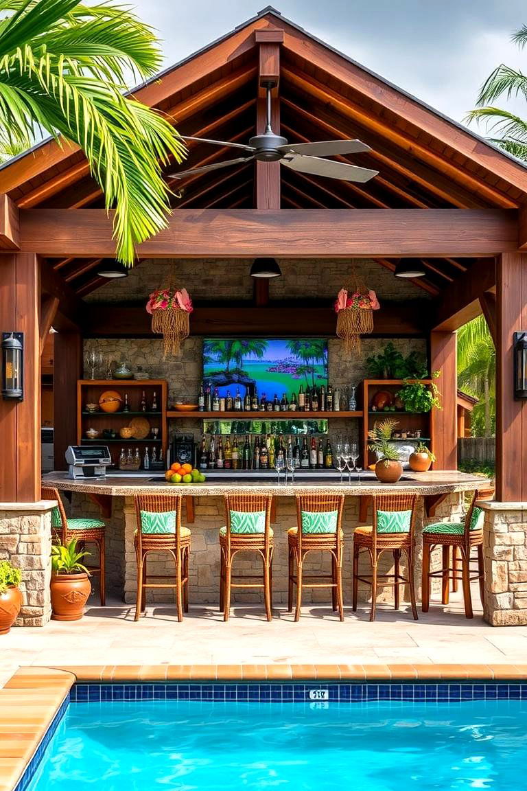Vibrant Outdoor Bar Setup - 24 Tropical Pool Landscaping Ideas