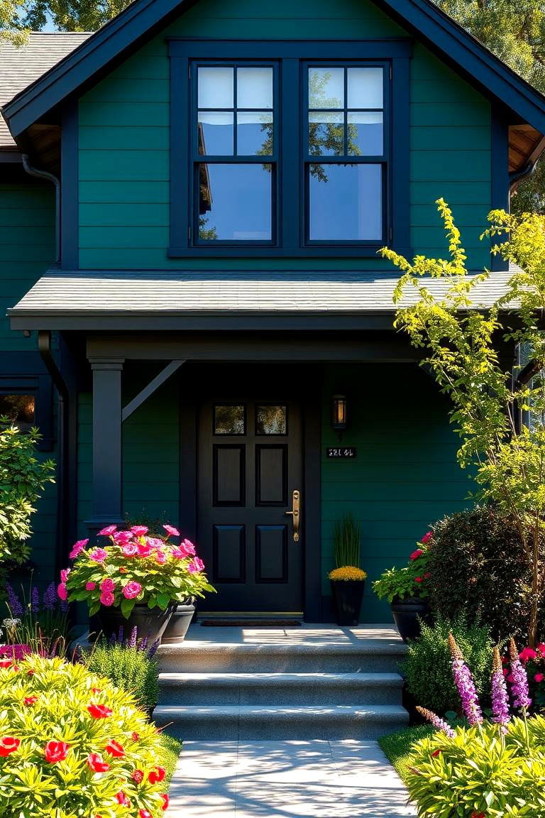 Vibrant Outdoor Landscaping - 24 Forest Green House With Black Trim