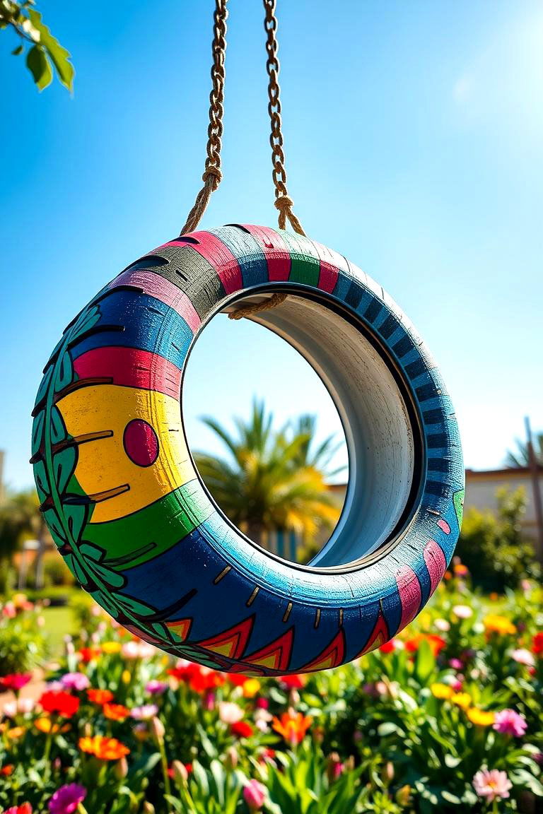 Vibrant Painted Tire Swing - 24 Tire Swing Ideas