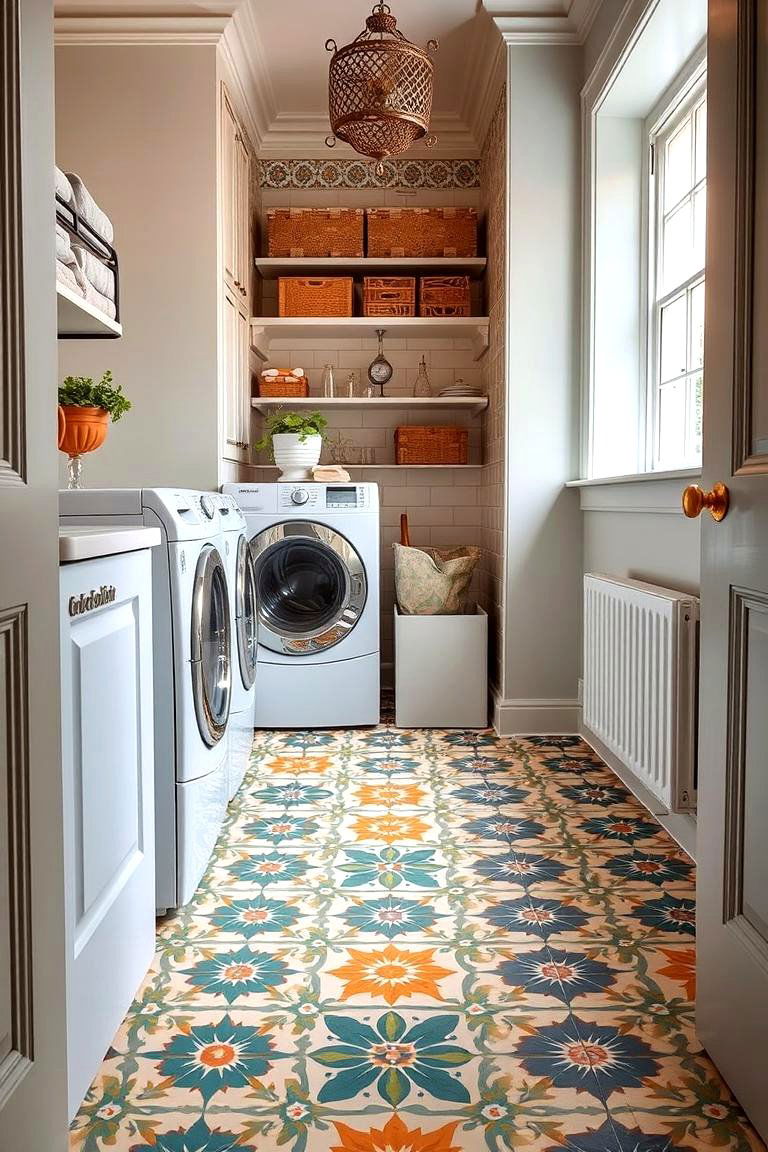 Vibrant Patterned Encaustic Tiles - 24 Laundry Room Tile Ideas