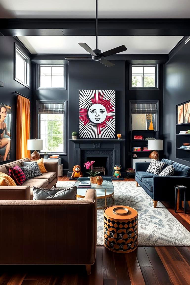 Vibrant Pop Culture Vibes - 24 Contrasting Living Rooms With Dark Grey Walls