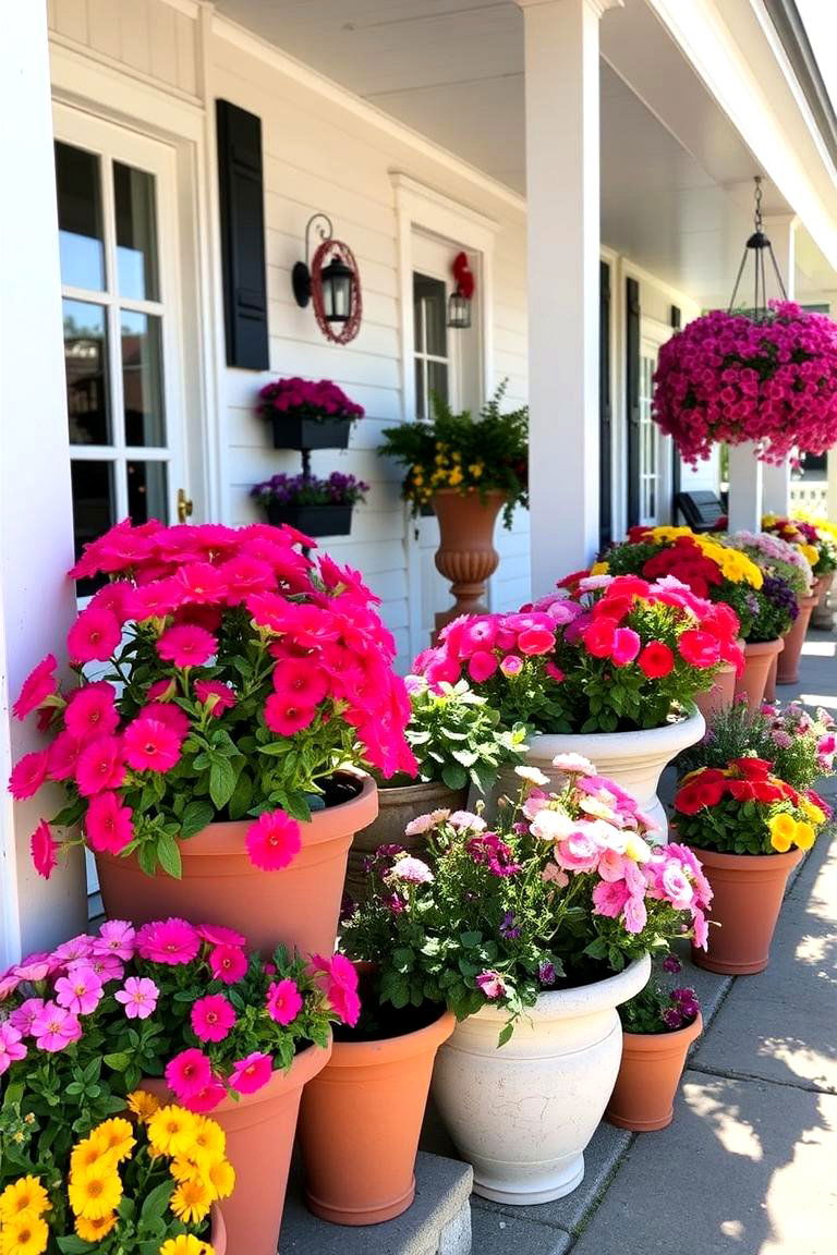 Vibrant Porch Planters - 24 Farmhouse Porch Ideas
