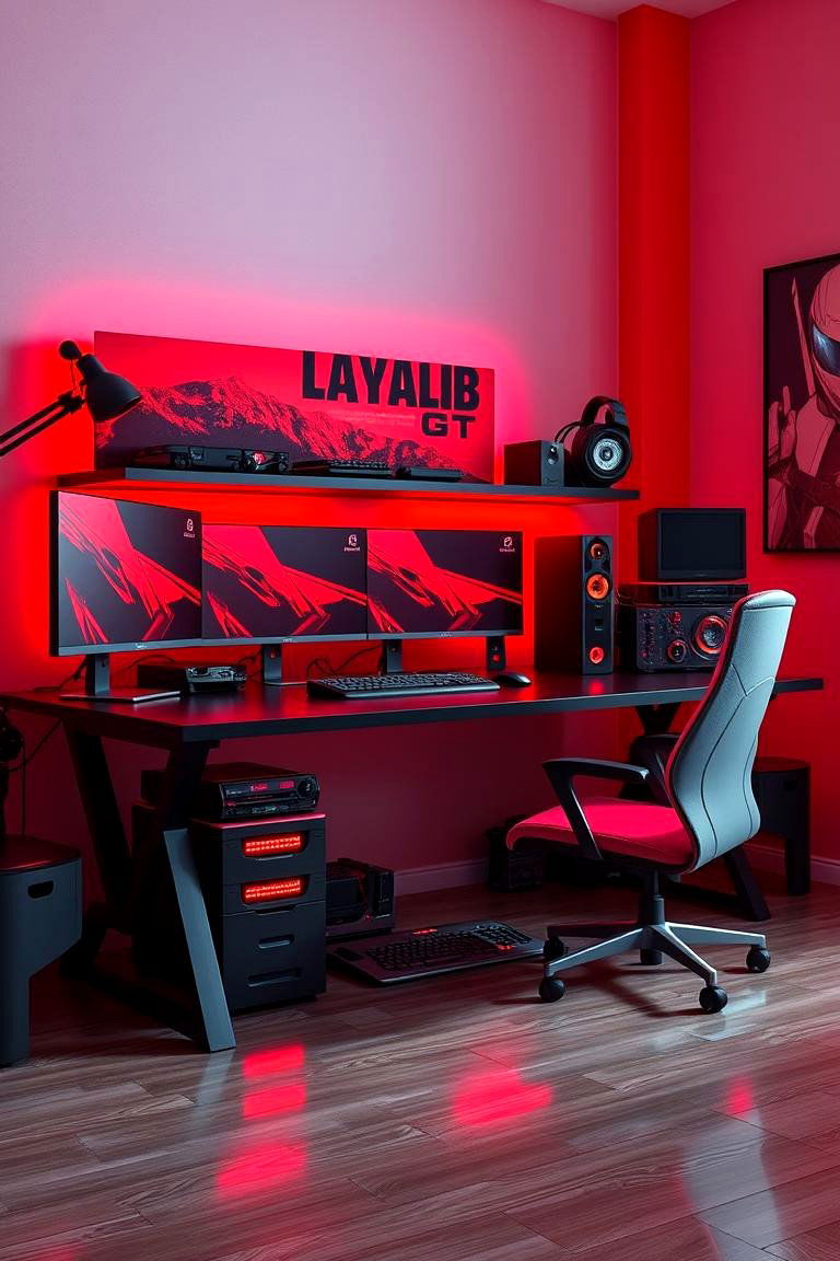 Vibrant Red Accent Gaming Desk - 24 Red and Black Gaming Setup Ideas